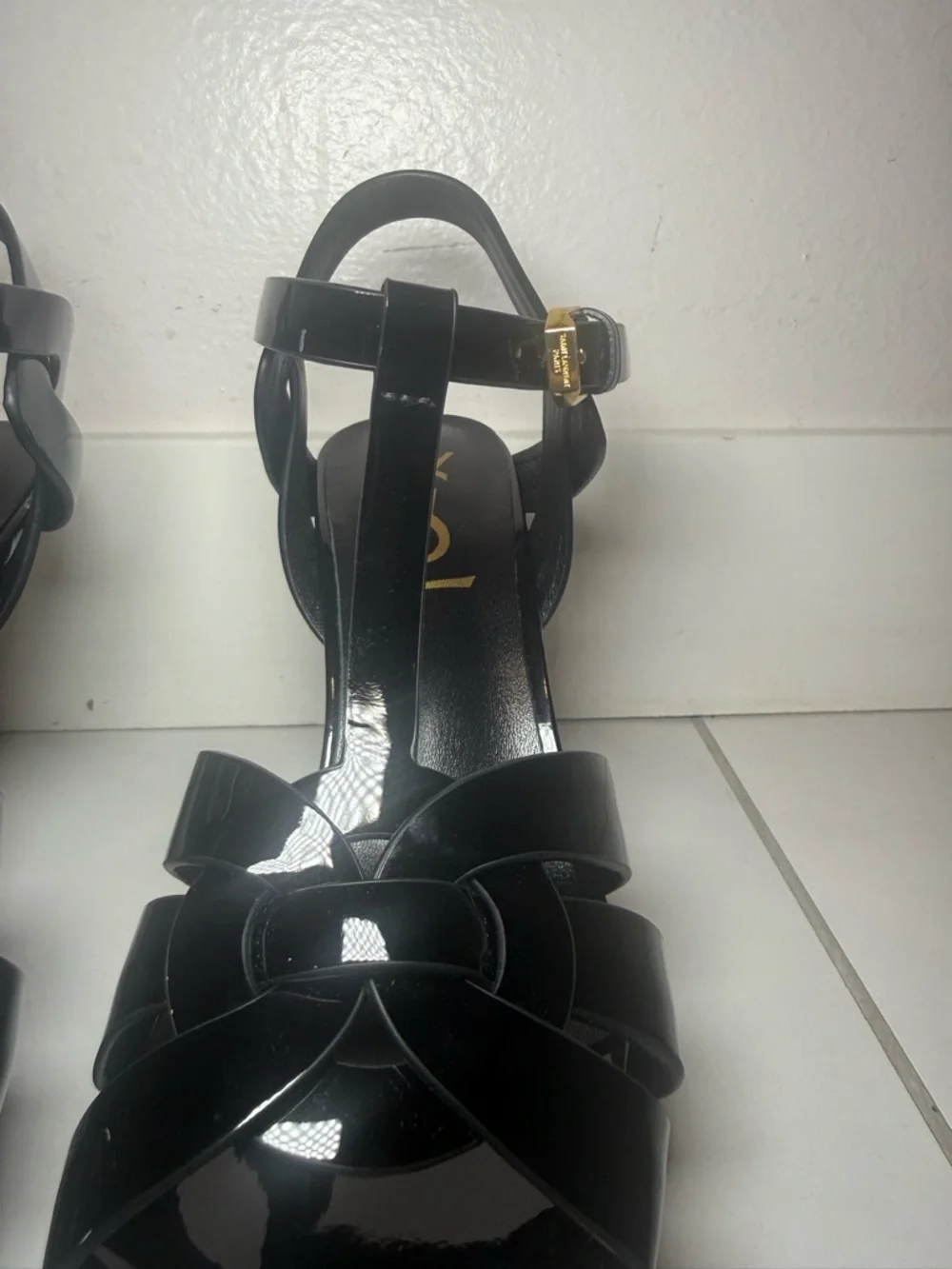 Yves Saint Laurent Black Patent Leather T-Strap Platform Heels with Gold Buckle - Picture 5 of 9